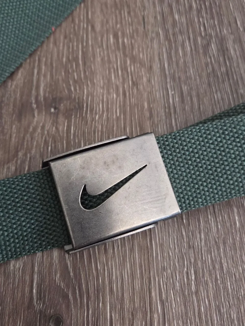 Nike Olive Green Webbing Belt with Metal Swoosh Buckle